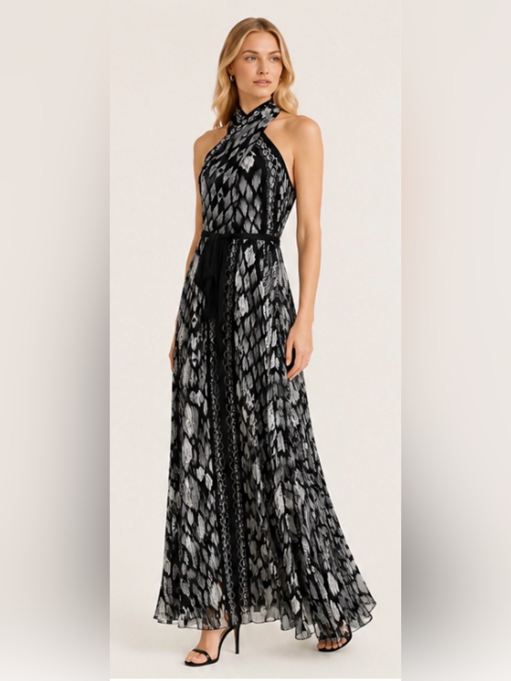 NWT WHITE HOUSE BLACK MARKET WHBM IKAT PRINT HALTER MAXI HALTER DRESS SZ 6